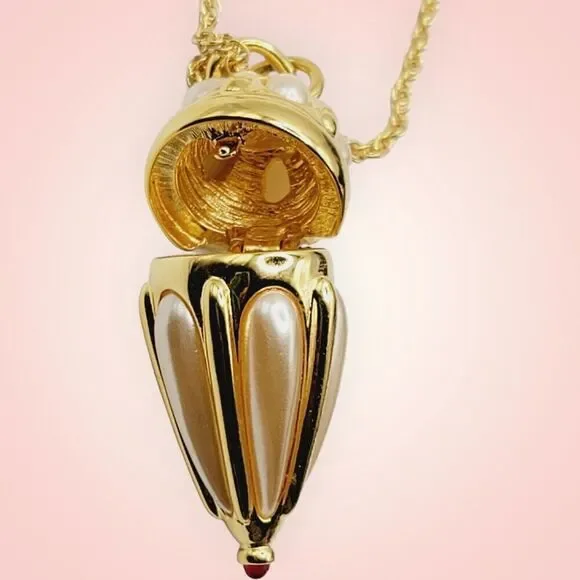 Chatelaine Poison Locket Casket Bottle Necklace by Joan Rivers Gold Plated Pearl - Picture 7 of 10